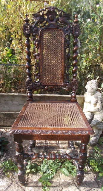 Antique Jacobean Style Dark Oak Gothic Hall/ Dining Chair. Cane Seat And Back