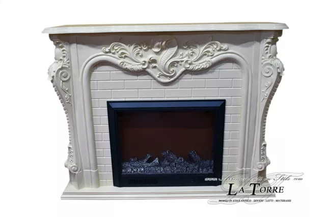 Camino elettrico Kamin fireplace legno massello Barocco Inglese avorio 325B