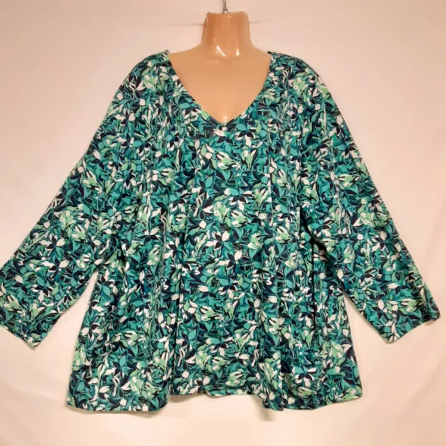 Roaman's Women Top Blouse Shirt Plus Size 3X Green Floral V Neck Cotton