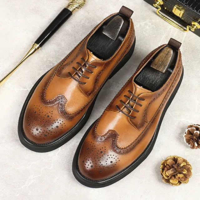 Mens British Korean Round Toe Real Leather Formal Dress Shoes Business Lace Up 4