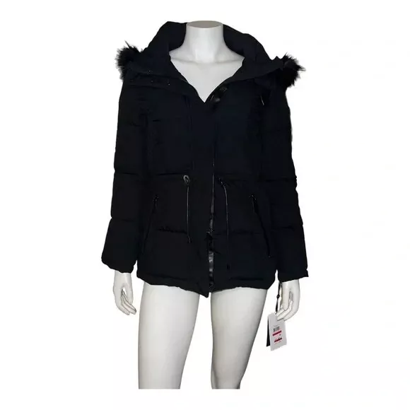 DKNY Womens Faux-Fur-Trim Hooded Puffer Coat Black Extra Small NWT