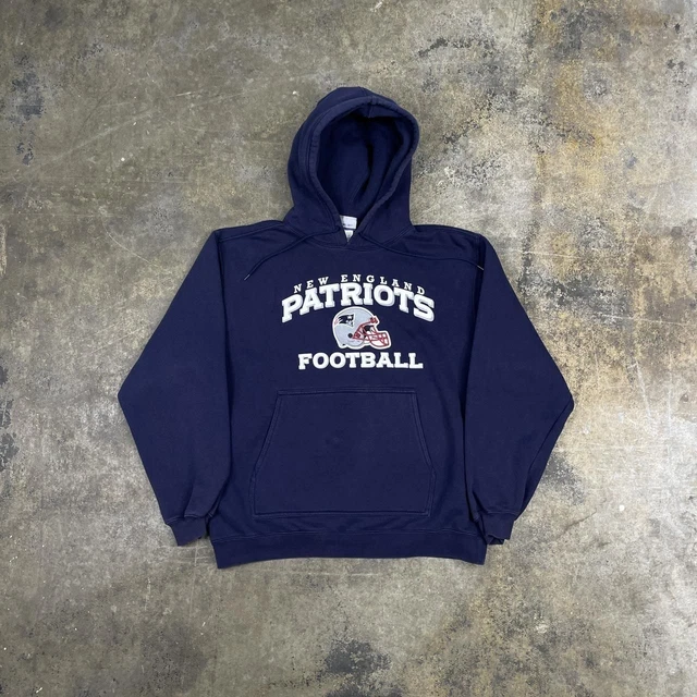 New England Patriots Reebok Pullover Hoodie Spellout Logo Navy Sweater Medium M