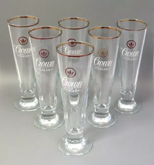 CROWN LAGER Flute Footed Beer Glasses Palladio Bormiolo Rocco VTG made ITALY