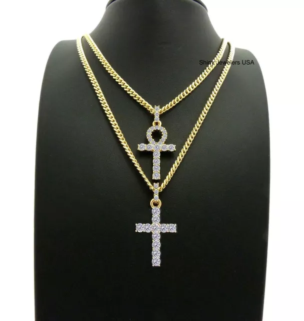 Gold Cross Ankh (Key Of Life)  Pendant Cuban Chain Necklace Hip Hop