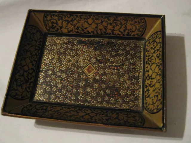 Old Raj Kashmiri Papier Mache' Black Lacquer Floral Scrolls 4.5" x 3.5" Tray