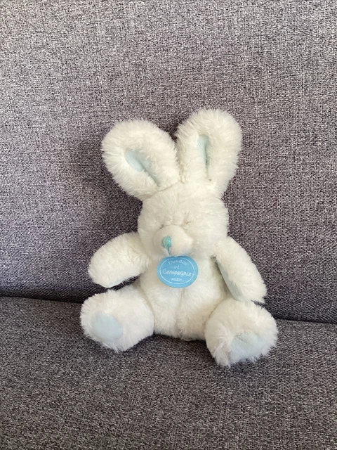 O/ Doudou et compagnie peluche lapin assis blanc bleu hochet grelot DC3106