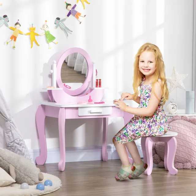 Toeletta bambini con specchio e sgabello, per età 3-6 anni - rosa
