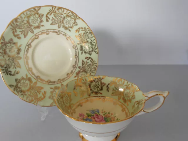 Vintage Royal Stafford Bone China Hand Painted Cup Saucer Mint Green Gold Floral 2