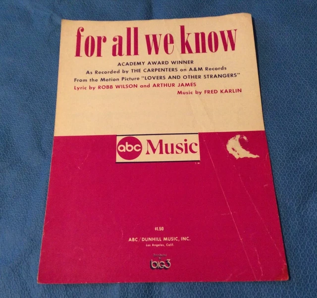VINTAGE SHEET MUSIC FOR ALL WE KNOW The Carpenters Loc 16 4.25 PicClick