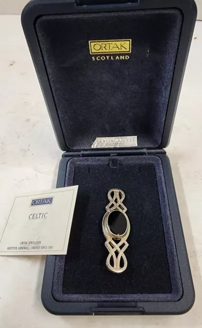 Vtg Ortak Scotland Celtic Sterling Silver & Onyx Brooch Pin Hallmarked w/ Box