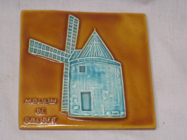 vintage MOULIN DE DAUDET glazed ceramic or porcelain tile windmill detail 3