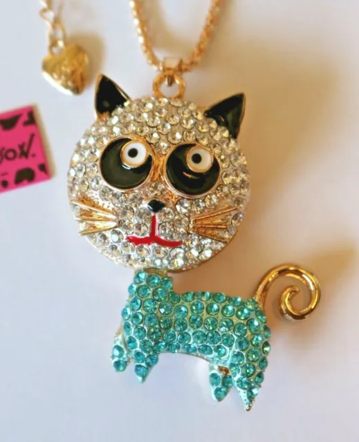 NEW! Betsey Johnson Enamel Crystal Rhinestone Cute Cat Necklace