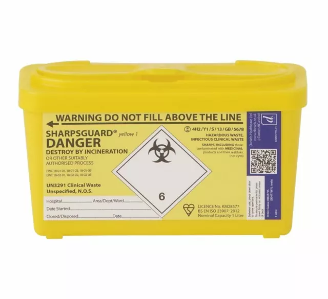 Sharpsguard Sharps Bin 1 litre -Yellow Needle Box, Medical Waste Tub Container