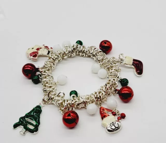 Christmas Charm Bracelet Dangle Bracelet Enamel Silver tone Stretch Jingle Bells