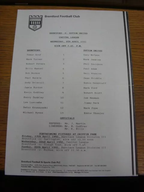 08/04/1992 Brentford Reserves v Sutton United Reserves  (single sheet, folded).