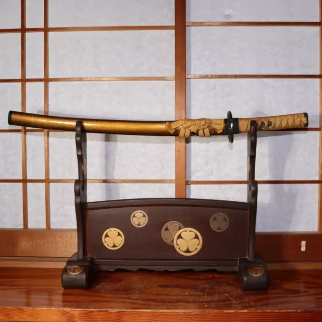 Japanese Antique wooden Makie Sword Rack Stand Tokugawa Family crest Luxury