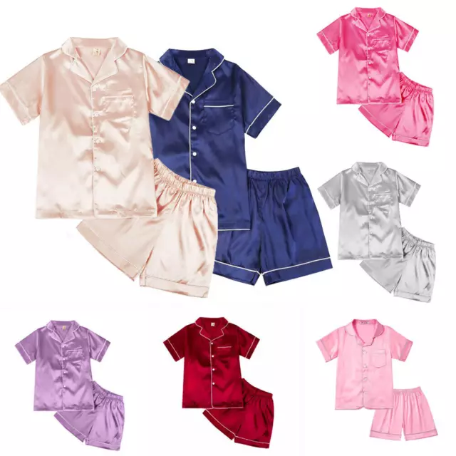 Kid Girls Boys Silk Satin Pajamas Set Sleepwear Pyjamas Nightwear Outfits n