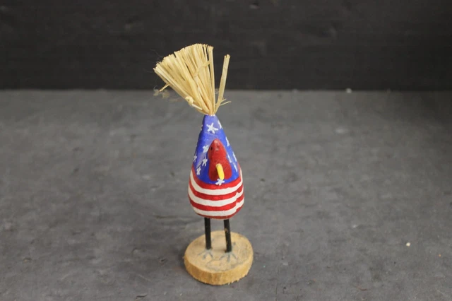 Navajo Pueblo Lulu Herb White Stars Blue Red Rooster Wood Carving American Flag