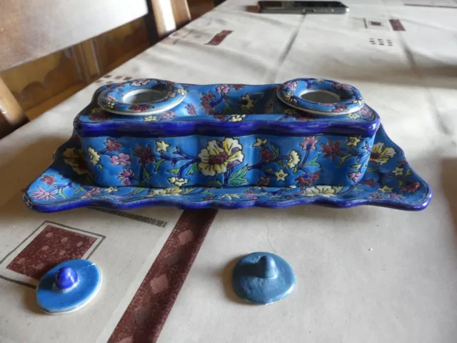 Encrier à double pots à encre en céramique émaillée bleu de Louvière 58-D