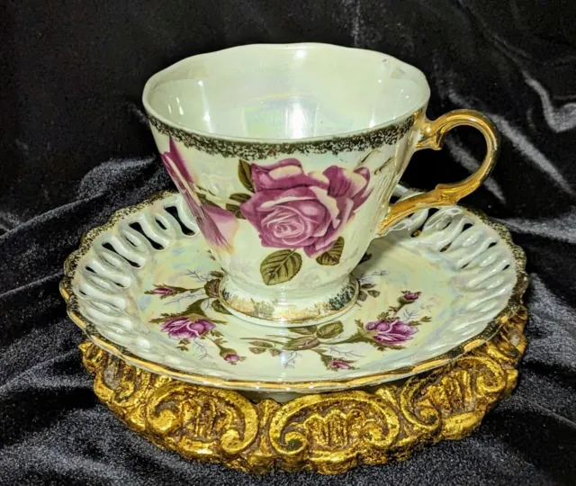 Vintage Royal Sealy Porcelain Iridescent Tea Cup And Saucer,Gold Trim,Pink Roses