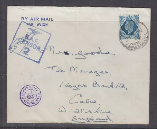 GREAT BRITAIN,1945 twice censored Airmail cover,KGVI 10d, EGYPT, POSTAGE PREPAID