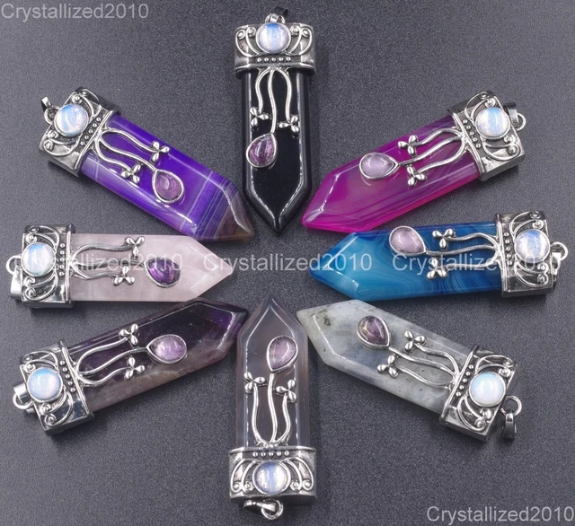 Natural Gemstone Vintage Tibetan Silver Hexagonal Pointed Healing Pendant Beads