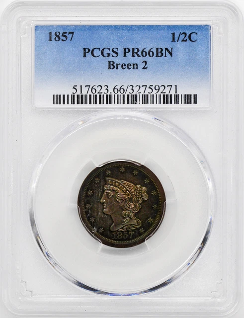 1857 Braided Hair 1/2C Pcgs Pr 66 Bn