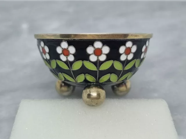 Antique Vintage 1962 Russian USSR Solid 916 Silver Salt Cellar Pot Flower Enamel