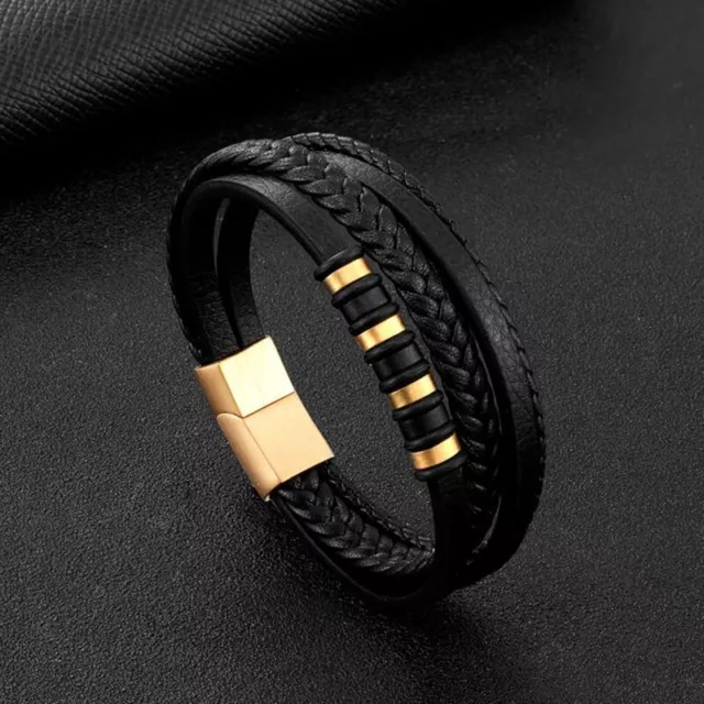 Leder Armband Schwarz Gold Silber Herren Armreif Geflochten Magnetverschluss NEU 2