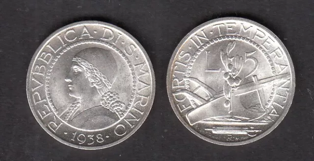 SAN MARINO FDC LIRE 5 Ag. 1938 SILVER 835/..  RARA  Prezzo REGALO UNC Argento