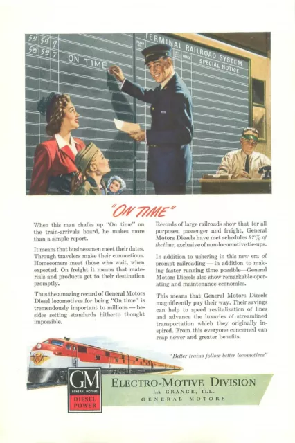 GM Electro-Motive Division RR Train Arrivals Board 1950s Magazine Ad