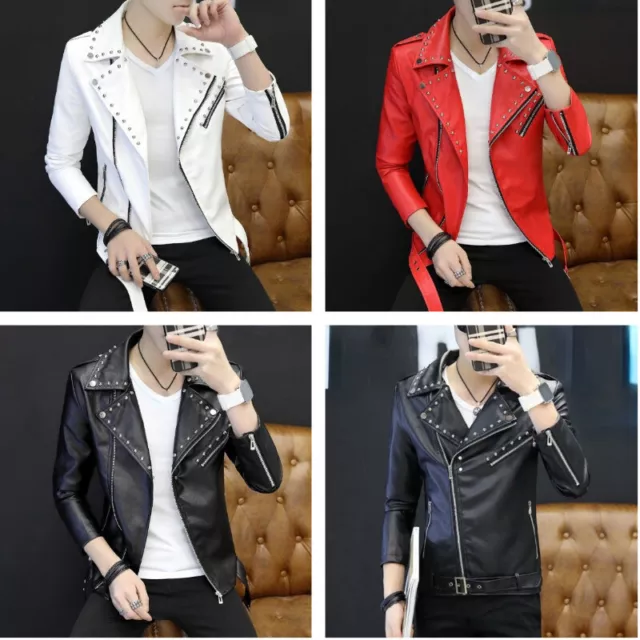 Hommes Simili Cuir Rivet Veste Motard Moto Blazer Haut Manteau Slim Punk