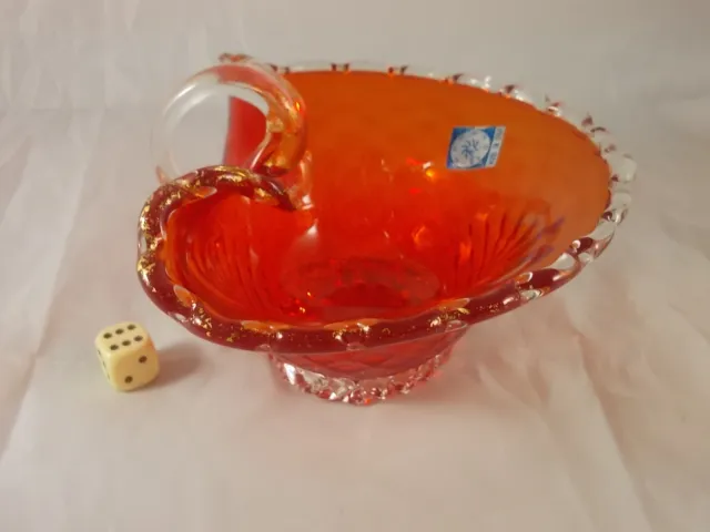 Vintage Murano Schale rot-klar mit Goldflitter Hersteller BD Italian Art Glass