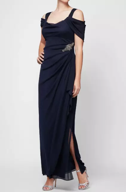 NWT Alex Evenings Cold Shoulder Embellished Maxi Gown Dress Navy Blue Size 16