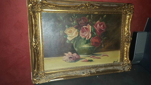 Tableau ancien, huile sur toile, nature morte, signé, encadré.