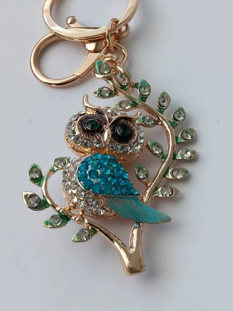 Multicolor Rhinestone Owl Bird Leaf Branch Keyring Clip-On