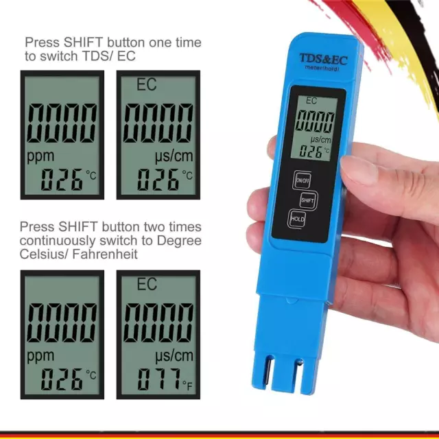 Digital Tester PH+TDS&EC Wassertest Meter Messgerät Leitwertmessgerät 0-9990ppm