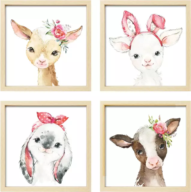 Framed Baby Girl Nursery Wall Art Decor with 10X10 Frames and Watercolor Animals