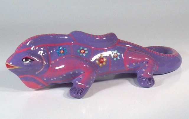 Large Purple Handpainted Pottery Ceramic Iguana Lizard Figurine 13" Glitter