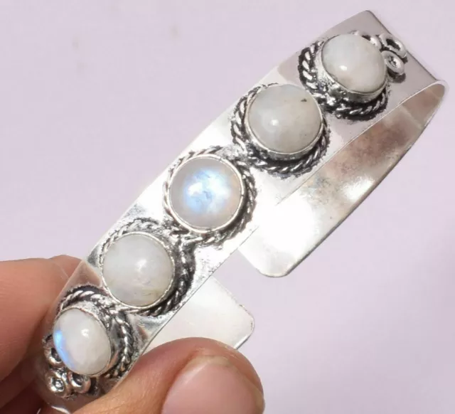 Natural Moonstone Gemstone 925 Sterling Silver Plated Adjustable Cuff Bangles