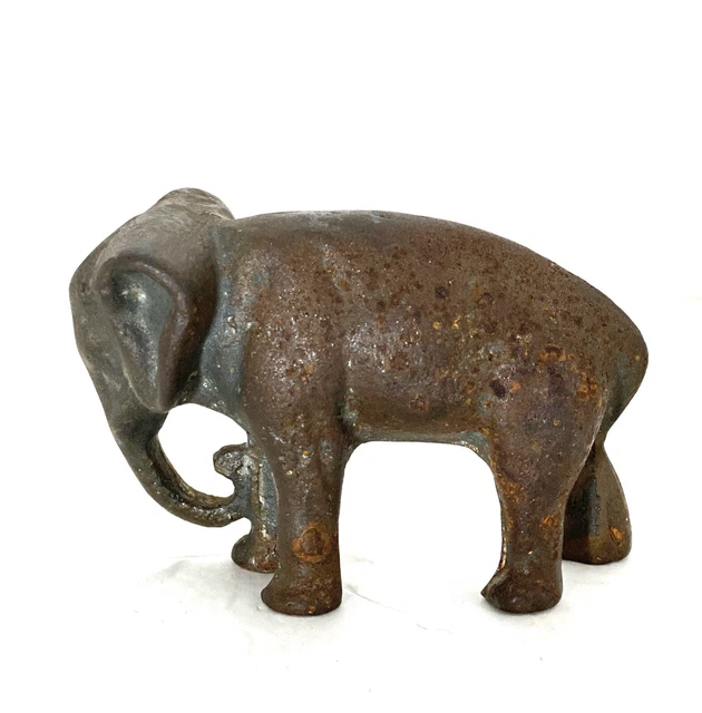 ANTIQUE ELEPHANT CAST Iron Doorstop Paperweight Trunk Down Solid Metal