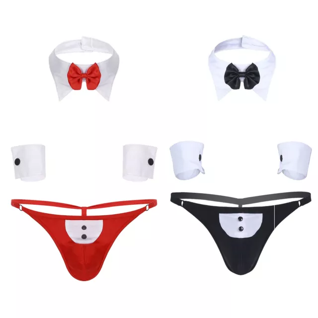 New Arrival Black Mens Butler Lingerie Bow Tie Tuxedo Thong G String Briefs Bikini With Collar