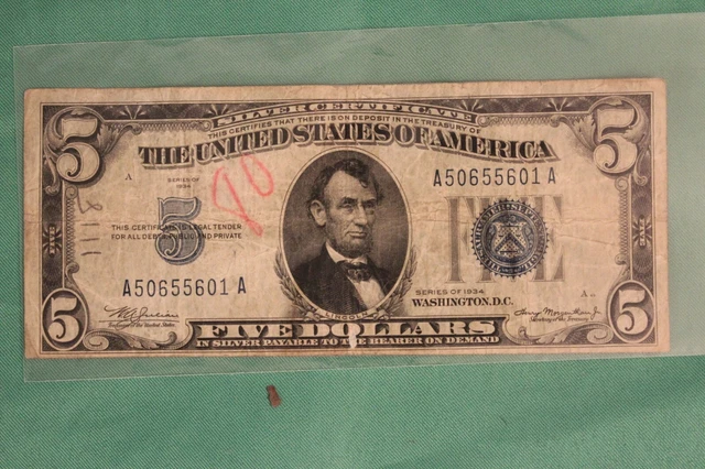 1934 Five Dollar Silver Certificate $5 Bill Blue Seal Note Circulated