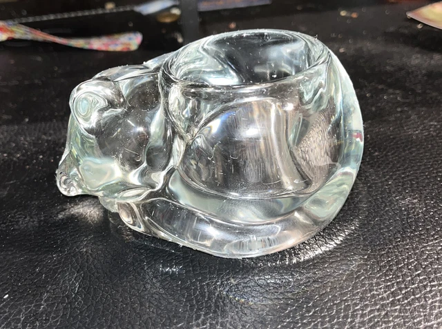 Crystal Votive Candle Holder Sleeping Cat Figurine Vintage Decor Indiana Glass