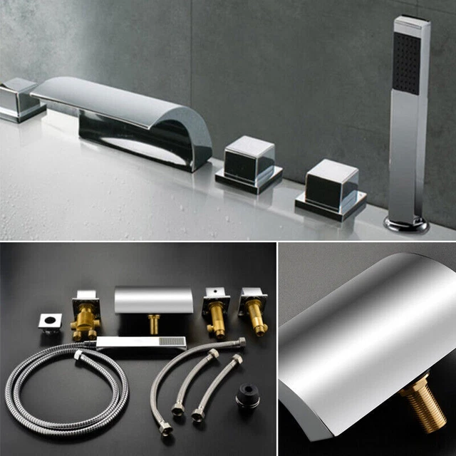 5 Hole Bathroom Bathtub Waterfall Faucet Chrome Tub Sink Mixer Tap &Hand Shower