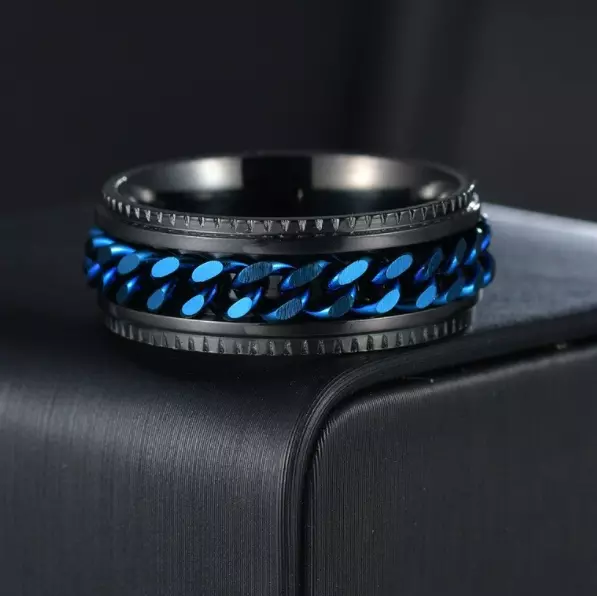 8 mm Breit Drehbar Ring  Schwarz mit  Blau Kette  Edelstahl 316L unisex (27H)