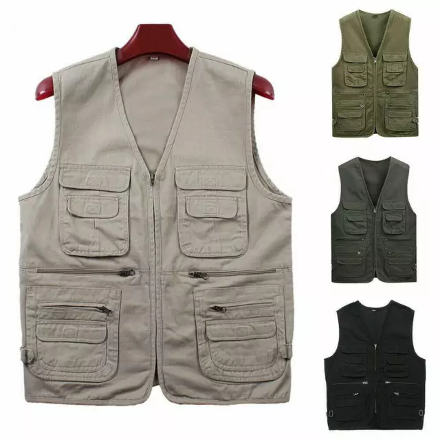 Mens Cotton Vest Sleeveless Jacket Multi Pocket Fisherman Waistcoat Hunter Vests