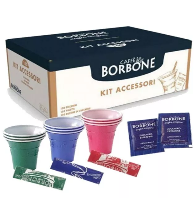 Kit Accessori Café Borbone 150 Vasos + 150 Paleta Sobres Azúcar