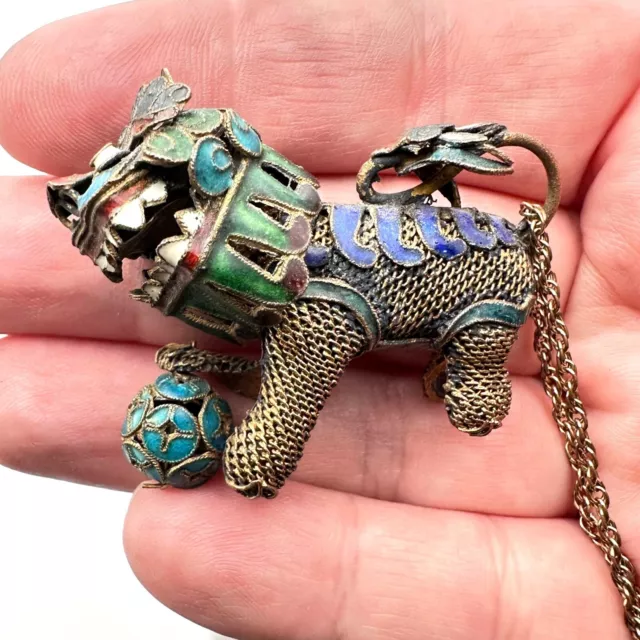 Antique Chinese Export Gold Gilt Filigree Enamel Foo Dog Lion Pendant Necklace