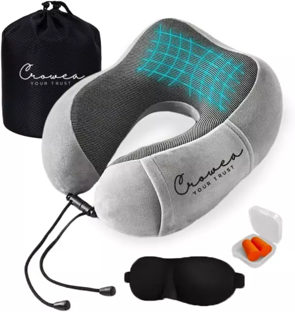 Crowea Travel Pillow - 100% Pure Memory Foam Neck Pillow with 360 Degree Comfort